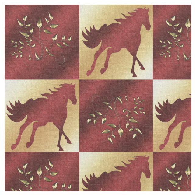 Tissu Blocs d'impression Gold et Wine Horse Fabric (Fermer)
