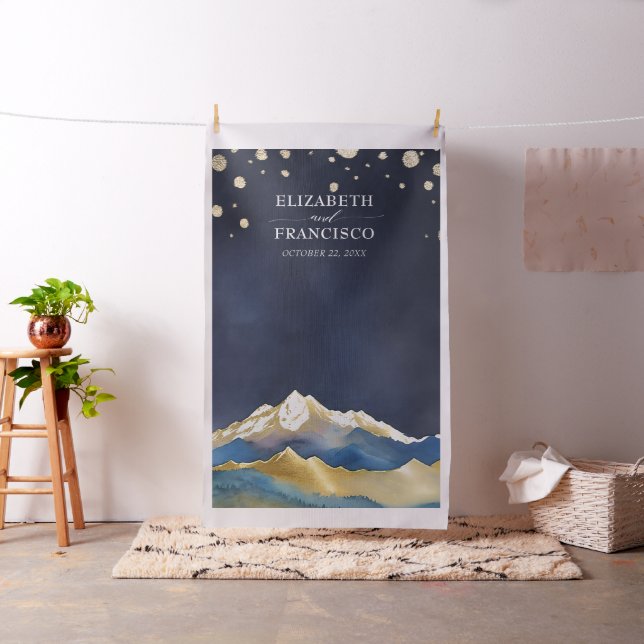 Tissu Blue Golden Mountains Mariage Photo Booth Backdrop (In Situ)