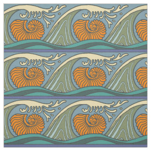 Tissu Blue Ocean Waves Nautilus Seashell Motif Nouveau