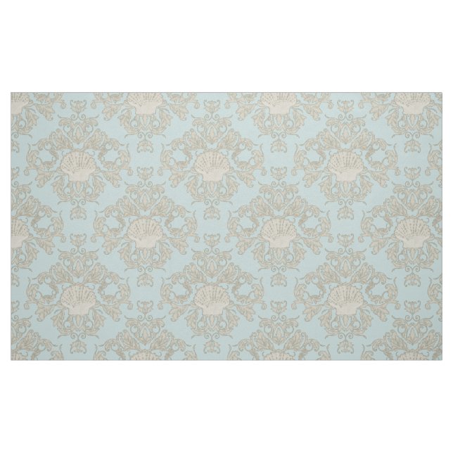 Tissu Blue Scallop Shell Leaf Soll Damask Ocean Beach (Fat Quarter)