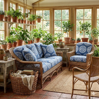 Tissu Blue White French Toile Circular Frame Whimsical