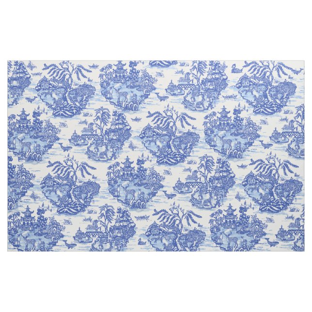 Tissu Blue Willow Animal Rabbit White Whimsical Toile  (Yard)