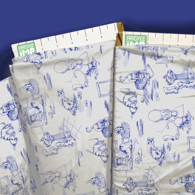 Tissu Blue Willow Kitty Chat Toile de salle de bain (close-up with ruler)
