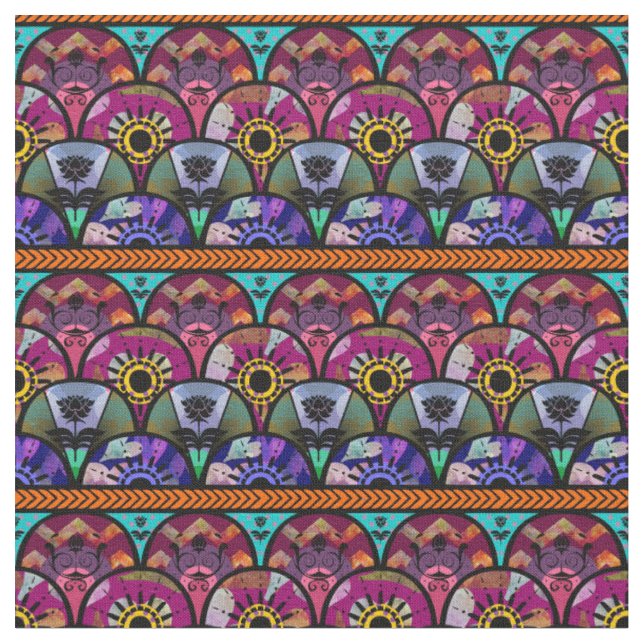 Tissu Boho Beauté, Violet, Aqua, Violet, Motif de répéti (Fermer)