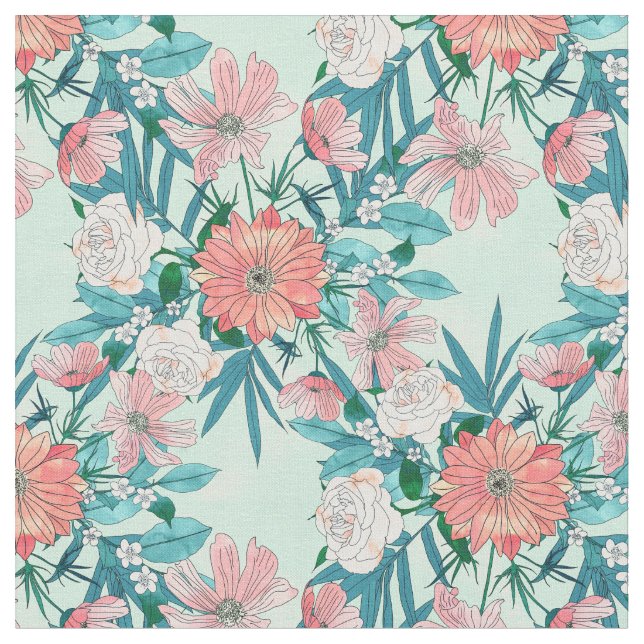 Tissu Boho chic fleurs de jardin de printemps illustrati (Fermer)