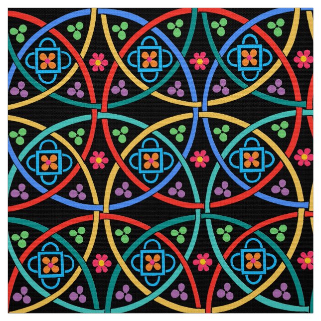 Tissu Boho flower power sur le noir (Échantillon)