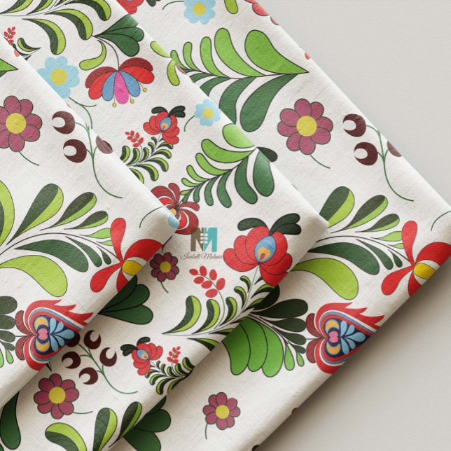 Tissu Boho, folklore hongrois, motif floral, Matyo, Tuli (Hungarian Matyó boho floral fabric close-up cottagecore linen - DIY sewing, craft projects handmade)