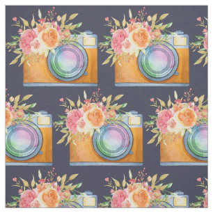 Tissu Boho Orange Camera & Fleurs Motif d'aquarelle