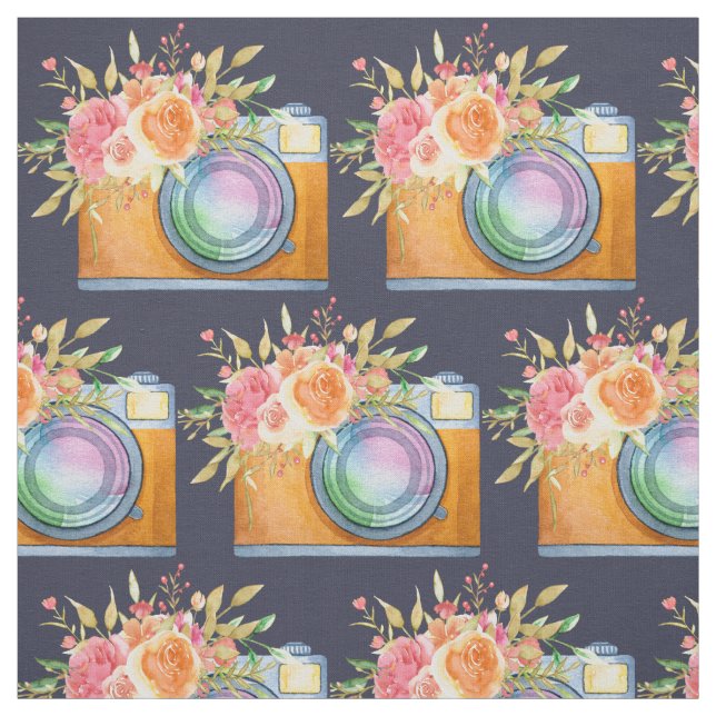 Tissu Boho Orange Camera & Fleurs Motif d'aquarelle (Échantillon)