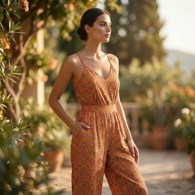 Tissu Boho Oriental rouge et orange Motif géométrique (Créateur téléchargé)