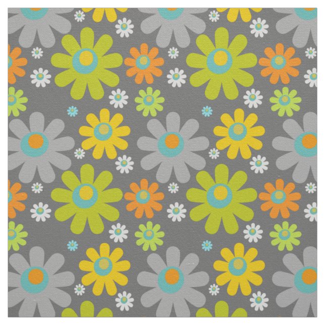 Tissu Boho Retro Multicolor Daisées sur Grey (Échantillon)