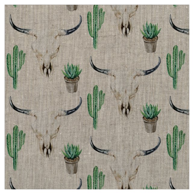 Tissu Boho Rustique Crâne Motif Cactus (Échantillon)