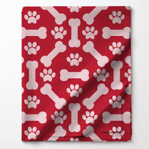 Tissu Bones de chien rouge et blanc et Motif Empreinte d