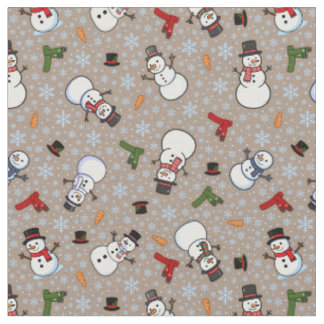 Tissu Bonhommes de neige et flocons de neige sur fond br
