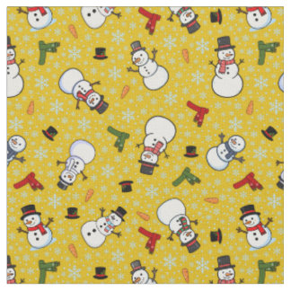 Tissu Bonhommes de neige et flocons de neige sur or