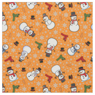 Tissu Bonhommes de neige et flocons de neige sur orange