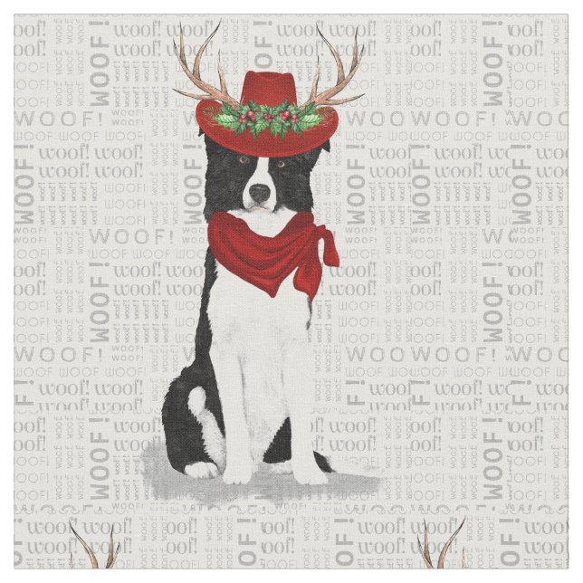 Tissu Bordure Collie Chien de Noël avec Antlers (Fermer)