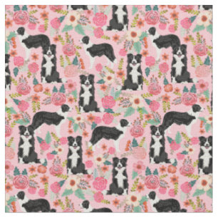 Tissu Bordure Collie Chien vintage floral rose
