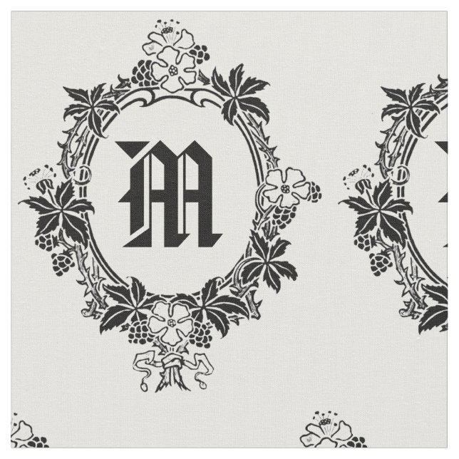 Tissu Bordure florale noire et blanche avec monogramme (Fermer)