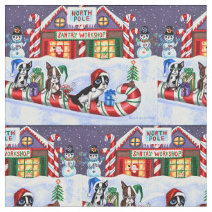 Tissu Boston Terriers Sucre de canne Père Noël Christmas
