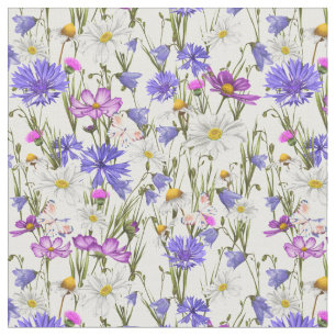 Tissu Botanique Fleur sauvage blanche, bleue et violette
