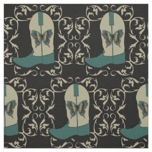 Tissu Bottes Cowboy Avec Papillon Et Cadres À Fil Sur Bl