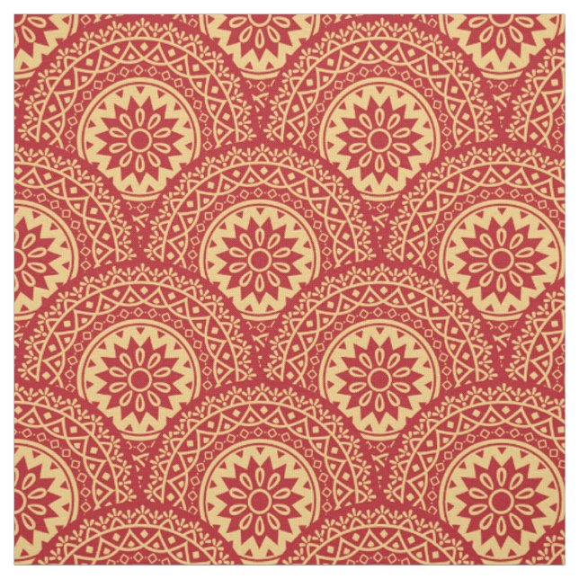 Tissu Boucles de mandala d'or sur arrière - plan rouge (Échantillon)