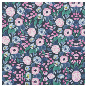 Tissu Bouquet d'aquarelle bleu marine rose
