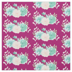 Tissu Bouquet de fleurs rose et vert Pastel sur Magenta 