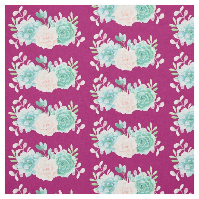 Tissu Bouquet de fleurs rose et vert Pastel sur Magenta  (Échantillon)
