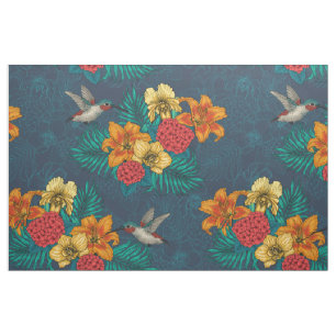 Tissu Bouquet et colibris tropicaux