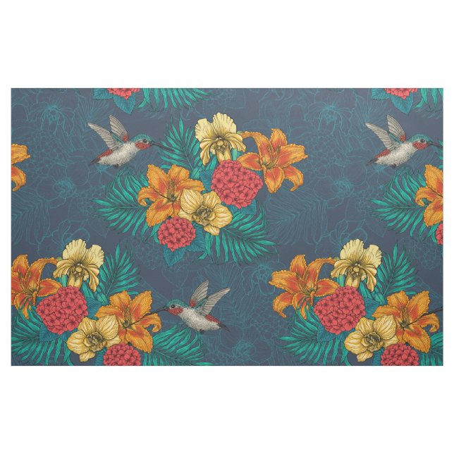 Tissu Bouquet et colibris tropicaux (Fat Quarter)