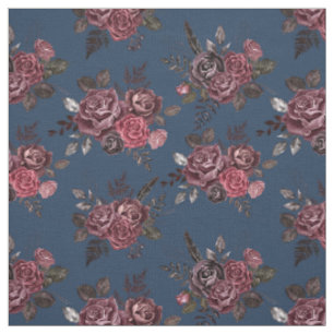 Tissu Bouquet floral Bourgogne sur bleu prussien