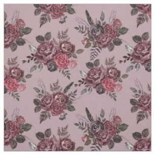 Tissu Bouquet floral Bourgogne sur rose gris moyen