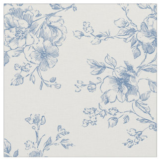 Tissu Bouquet Floral Toile Bleu Crème Botanique Vintage