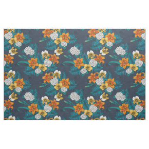 Tissu Bouquet tropical sur bleu