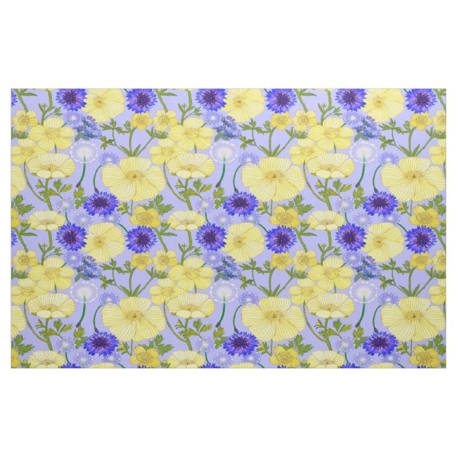 Tissu Boutons Jaunes Et Fleurs De Cornouailles Bleues (Fat Quarter)