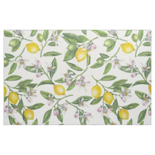 Tissu Branches de citron avec fleurs et fruits sur blanc