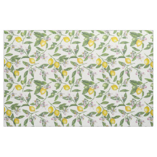 Tissu Branches de citron avec fleurs et fruits sur blanc