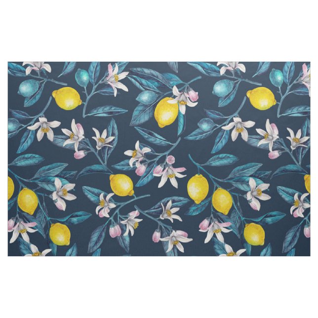 Tissu Branches de citron avec fleurs et fruits sur le bl (Fat Quarter)