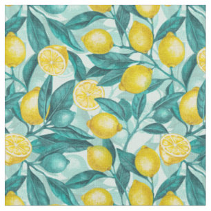 Tissu Branches de citron bleu et jaune