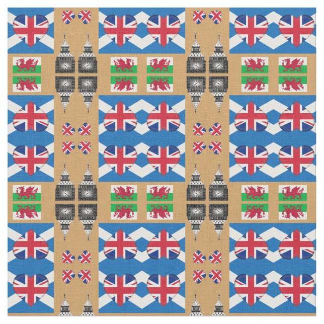 Tissu British Heart, Welsh Dragon & Scottish Flag / UK (Fermer)