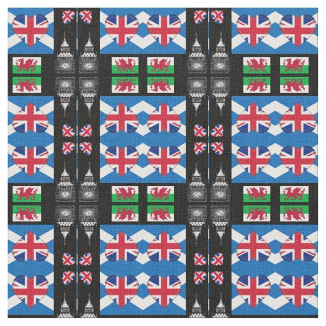 Tissu British Heart, Welsh Dragon & Scottish Flag / UK (Fermer)