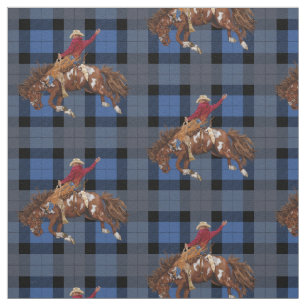 Tissu Bronco Busch Rodeo Cowboy sur Blue Plaid