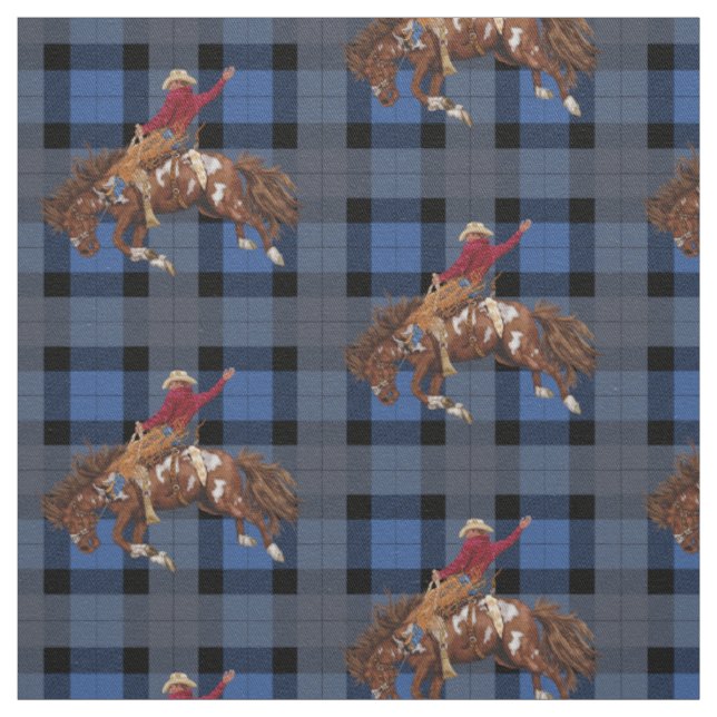 Tissu Bronco Busch Rodeo Cowboy sur Blue Plaid (Échantillon)