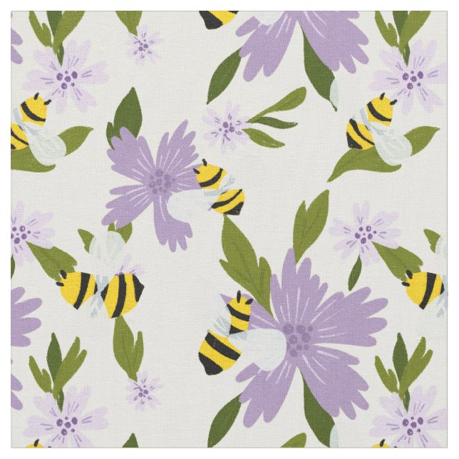 Tissu Bumble beige mignonne et fleurs violettes (Fermer)