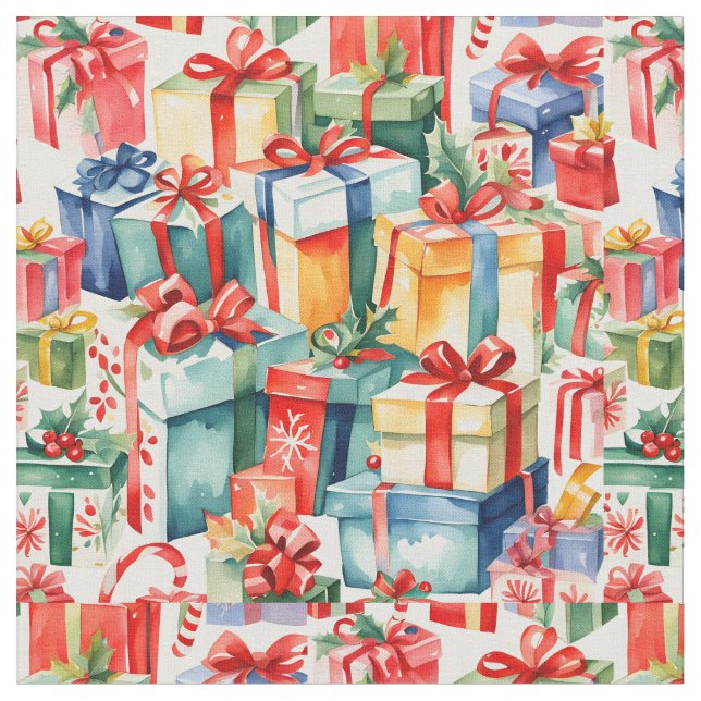 Tissu Cadeaux de Noël colorés Motif d'aquarelle (Fermer)