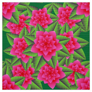 Tissu Camellias roses de Fuschia et Feuilles verts