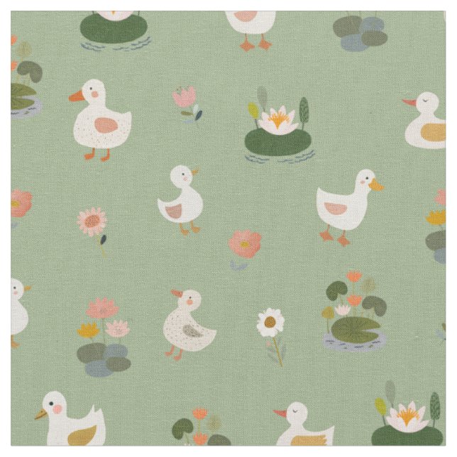 Tissu Canards et nénuphars sur fond vert clair (Fermer)