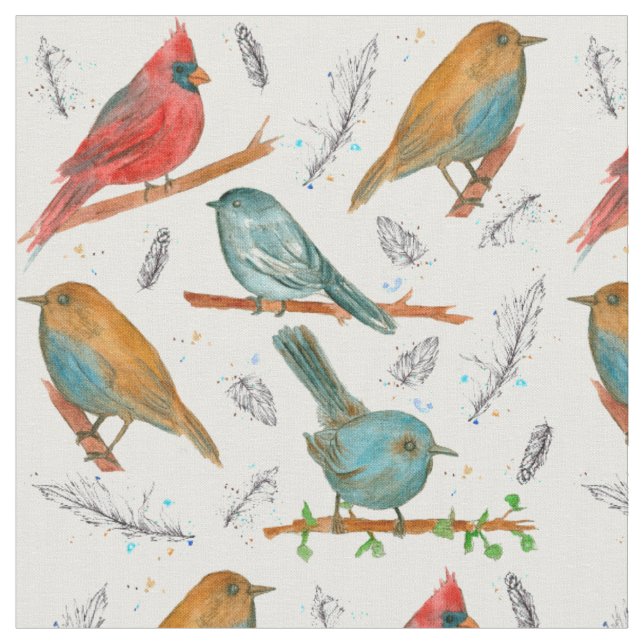 Tissu Cardinal Bird Bickadee Bluebird Aquarelle Art (Fermer)